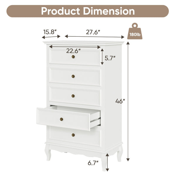 English Elm 5 Drawer Modern Dresser with Tapered Wood Legs Fluted Panels and Painted White Finish B082P232950