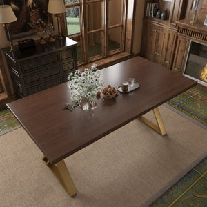 English Elm 70.8 Inch Walnut Top Dining Table with Brushed Gold Steel Base Seats Six T3609S00001