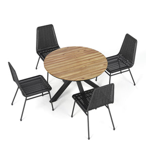 English Elm Christopher Knight Home® - Outdoor 5-Piece Patio Dining Set with PE Rattan Chairs & Acacia Wood Table on Iron Legs, Durable Comfort Black N779P201261D-2_N779P251402T