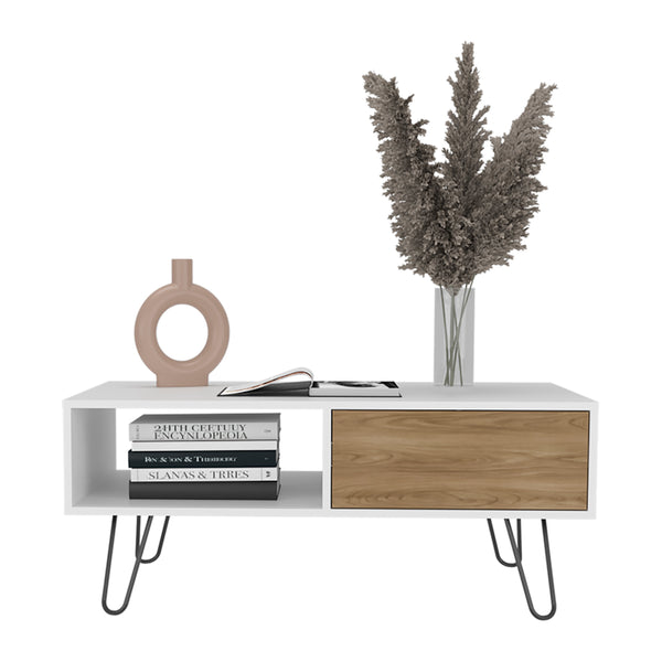 English Elm Taylor Modern Coffee Table with Hairpin Legs, White & Light Oak, Drawer + Open Shelf for Storage B092P254742