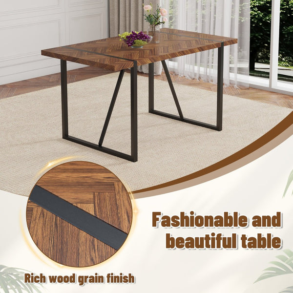 English Elm Table and Chair Set Fishbone Mdf Top with Six Brown Upholstered Seats for Dining W1151S03139