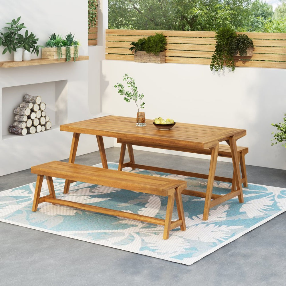English Elm Outdoor Acacia Wood Picnic Dining Set with Two Benches for Patio Deck or Backyard N770P358872T