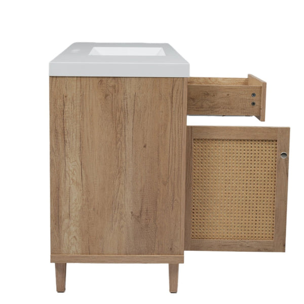 English Elm 60" Boutique Bathroom Vanity Rattan Doors Soft Close Drawers Smc Sink Pine Legs Natural Wood N817P397678N