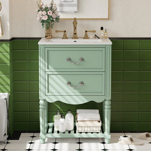 English Elm 24'' Vintage Bathroom Vanity with Ceramic Sink Soft Close Drawers Open Shelf Green N710P411237F