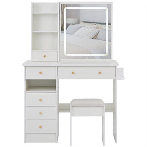 English Elm 37" Vanity Table Set with Led Mirror Stool Built-in Outlets and Hair Dryer Storage White W3258P448842