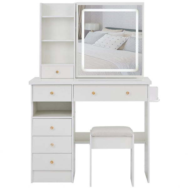 English Elm 37" Vanity Table Set with Led Mirror Stool Built-in Outlets and Hair Dryer Storage White W3258P448842