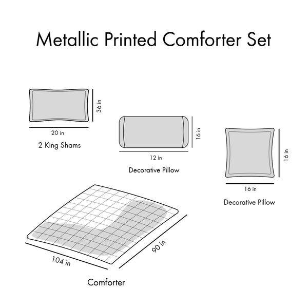English Elm King/Cal Metallic Raina Comforter Set – Ivory Geometric Gold Print, Antimicrobial Microfiber, 5-Piece Luxe Bedding Ensemble B03595866