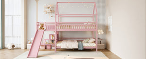 English Elm Full Bunk Bed with Trundle Bookshelf Storage Pine Frame Car Design for Kids Pink W1580S00304