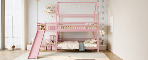 English Elm Full Bunk Bed with Trundle Bookshelf Storage Pine Frame Car Design for Kids Pink W1580S00304
