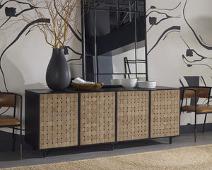 Sunpan Omari Sideboard - Stylish Suede Light Tan Leather with Unique Weaved Design and Matte Black Base Large - 80W x 22D x 30.5H