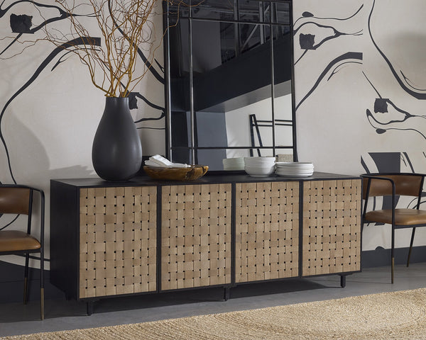 Sunpan Omari Sideboard - Stylish Suede Light Tan Leather with Unique Weaved Design and Matte Black Base Large - 80W x 22D x 30.5H