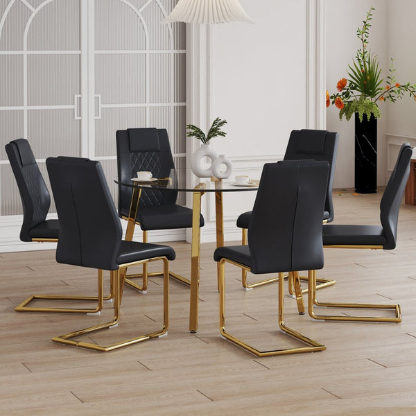 English Elm Table Set - Modern Minimalist Round Clear Glass Table With Black Pu Leather Chairs & Gold Legs W1151S01714-GIGA
