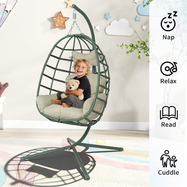 English Elm Egg Hanging Chair with Stand Pe Rattan Swing Seat Washable Cushion Patio Bedroom T5880P497440