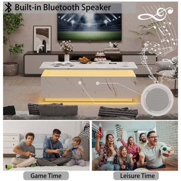 English Elm Coffee Table with Led Lighting Bluetooth Speaker Wireless Charging and Faux Marble Top White T3773P415726