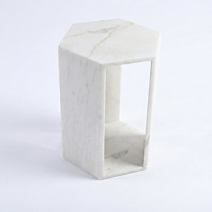 English Elm Genuine Solid Marble Hexagonal Pedestal End Table Polished Stone for Modern Living White W1696P407996