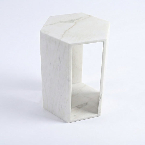 English Elm Genuine Solid Marble Hexagonal Pedestal End Table Polished Stone for Modern Living White W1696P407996