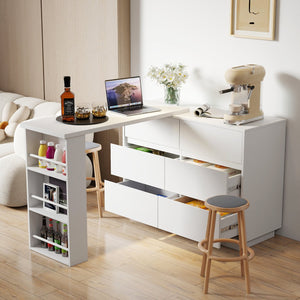 English Elm L-Shaped Adjustable Desk and Vanity Combo with 6 Drawers, Expandable Top, Triple Shelves for Office Makeup W331P286247