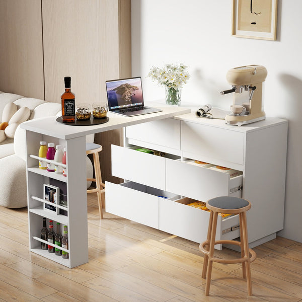 English Elm L-Shaped Adjustable Desk and Vanity Combo with 6 Drawers, Expandable Top, Triple Shelves for Office Makeup W331P286247