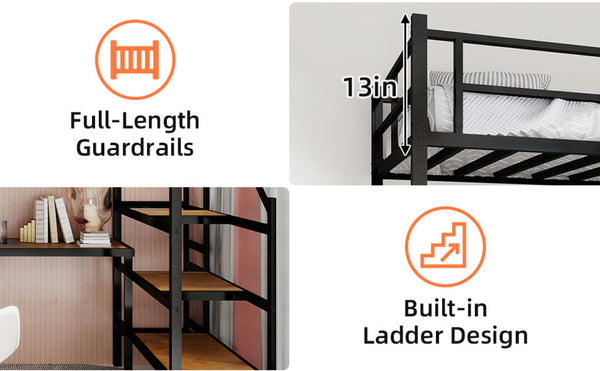 English Elm Loft Bed with L-shaped Desk Stair Storage and Full Guardrail Iron Frame Black W1935S00007