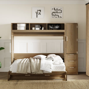 English Elm Full Full Size Murphy Bed with Wardrobe, Drawers & Open Shelves in Antique Wood—Space Saving Solution GX000388AAE