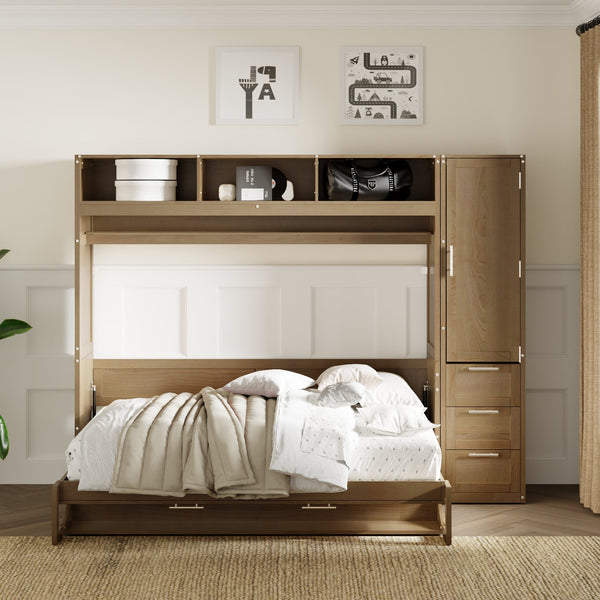 English Elm Full Full Size Murphy Bed with Wardrobe, Drawers & Open Shelves in Antique Wood—Space Saving Solution GX000388AAE