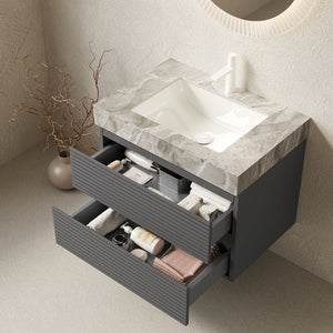 English Elm Muri Floating Bathroom Vanity Plywood Cabinet Sintered Stone Top Oak Drawer W2615S00537