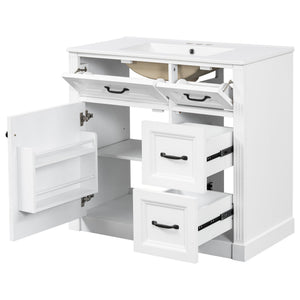 English Elm 36 Inch Bathroom Vanity With Sink – Modern Design, Soft-Close Drawers & Adjustable Storage Shelf, White Finish N725P336549K