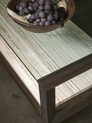 Lexington Artistica Home Venerato Rectangular Cocktail Table - Contemporary Design With Tempered Glass And Fantasy Travertine Mocha Wood 2270-945