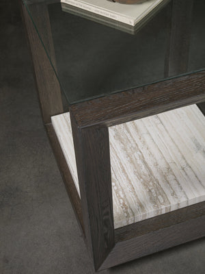 Lexington Artistica Home Venerato Contemporary Rectangular End Table With Tempered Glass Top And Unique Fantasy Travertine Shelf Mocha Wood 2270-955