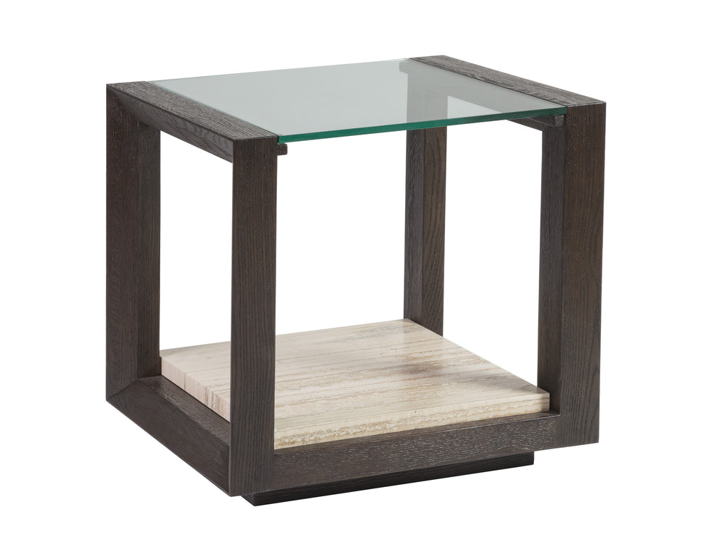 Lexington Artistica Home Venerato Contemporary Rectangular End Table With Tempered Glass Top And Unique Fantasy Travertine Shelf Mocha Wood 2270-955