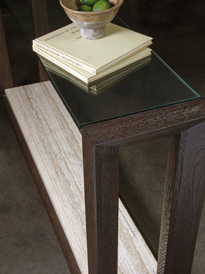 Lexington Artistica Home Venerato Console - Stunning Contemporary Design With Glass Top And Unique Fantasy Travertine Shelf Mocha Wood 2270-966