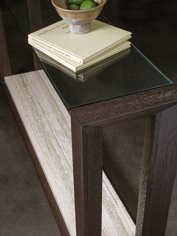 Lexington Artistica Home Venerato Console - Stunning Contemporary Design With Glass Top And Unique Fantasy Travertine Shelf Mocha Wood 2270-966