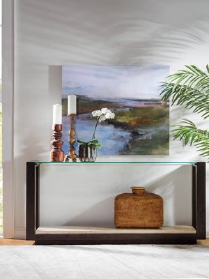 Lexington Artistica Home Venerato Console - Stunning Contemporary Design With Glass Top And Unique Fantasy Travertine Shelf Mocha Wood 2270-966