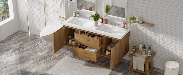 English Elm [video]59.3 Inch Wall Mounted Double Sink Vanity Wood Grain Mdf Soft Close Storage N729P000026N