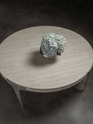 Lexington Artistica Home Cachet Round Cocktail Table - Unique Laser-cut Steel Base With Stunning White Vein Travertine Top Silver Leaf Wood 2271-947