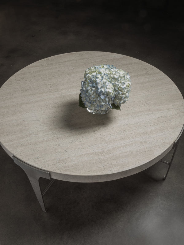 Lexington Artistica Home Cachet Round Cocktail Table - Unique Laser-cut Steel Base With Stunning White Vein Travertine Top Silver Leaf Wood 2271-947
