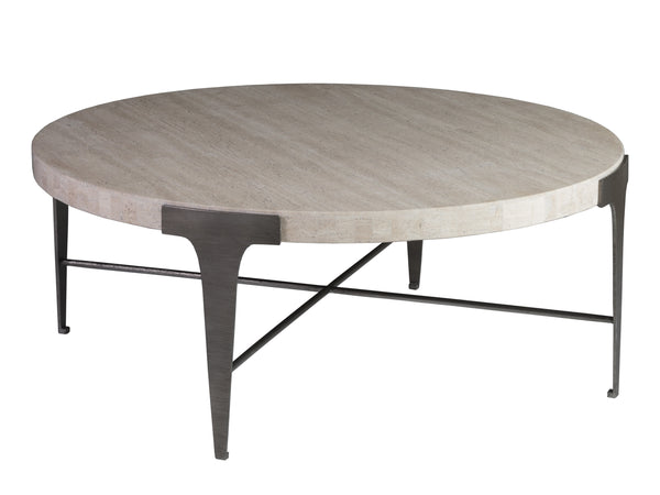 Lexington Artistica Home Cachet Round Cocktail Table - Unique Laser-cut Steel Base With Stunning White Vein Travertine Top Silver Leaf Wood 2271-947