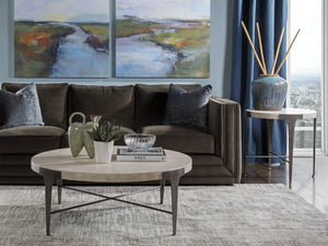 Lexington Artistica Home Cachet Round End Table - Exquisite Steel Base With Unique White Vein Travertine Top For Chic Spaces Silver Leaf Wood 2271-953