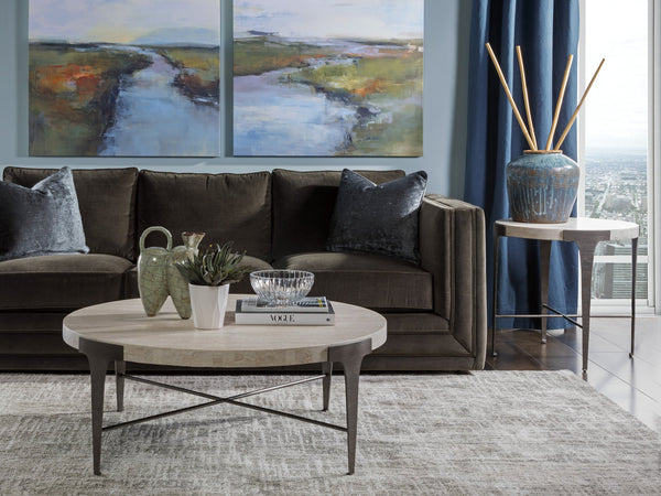 Lexington Artistica Home Cachet Round End Table - Exquisite Steel Base With Unique White Vein Travertine Top For Chic Spaces Silver Leaf Wood 2271-953