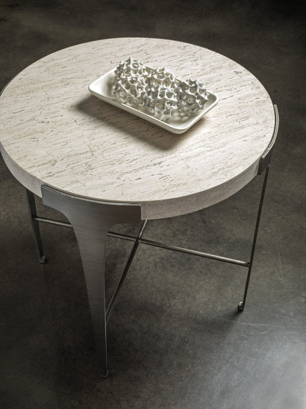 Lexington Artistica Home Cachet Round End Table - Exquisite Steel Base With Unique White Vein Travertine Top For Chic Spaces Silver Leaf Wood 2271-953