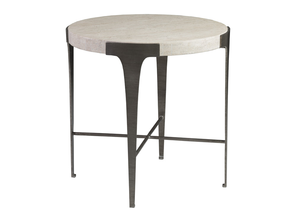 Lexington Artistica Home Cachet Round End Table - Exquisite Steel Base With Unique White Vein Travertine Top For Chic Spaces Silver Leaf Wood 2271-953