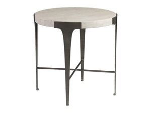 Lexington Artistica Home Cachet Round End Table - Exquisite Steel Base With Unique White Vein Travertine Top For Chic Spaces Silver Leaf Wood 2271-953