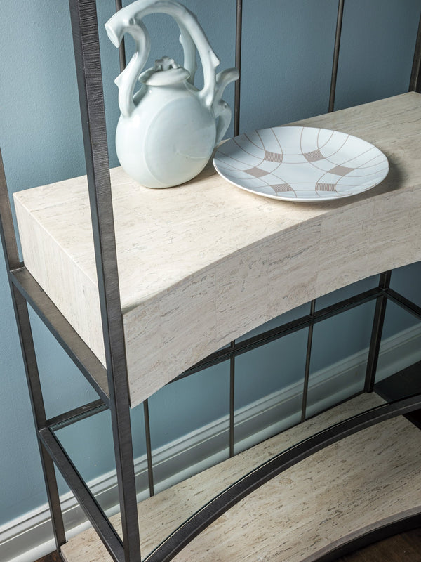Lexington Artistica Home Cachet Etagere - Stunning Iron Base With White Vein Travertine And Tempered Glass Shelves For Elegance Silver Leaf Wood 2271-990