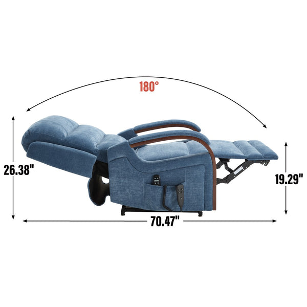 English Elm Power Lift Recliner Chair Chenille Upholstery Dual Motor Heat Massage Solid Wood Arms Blue W1803S00067
