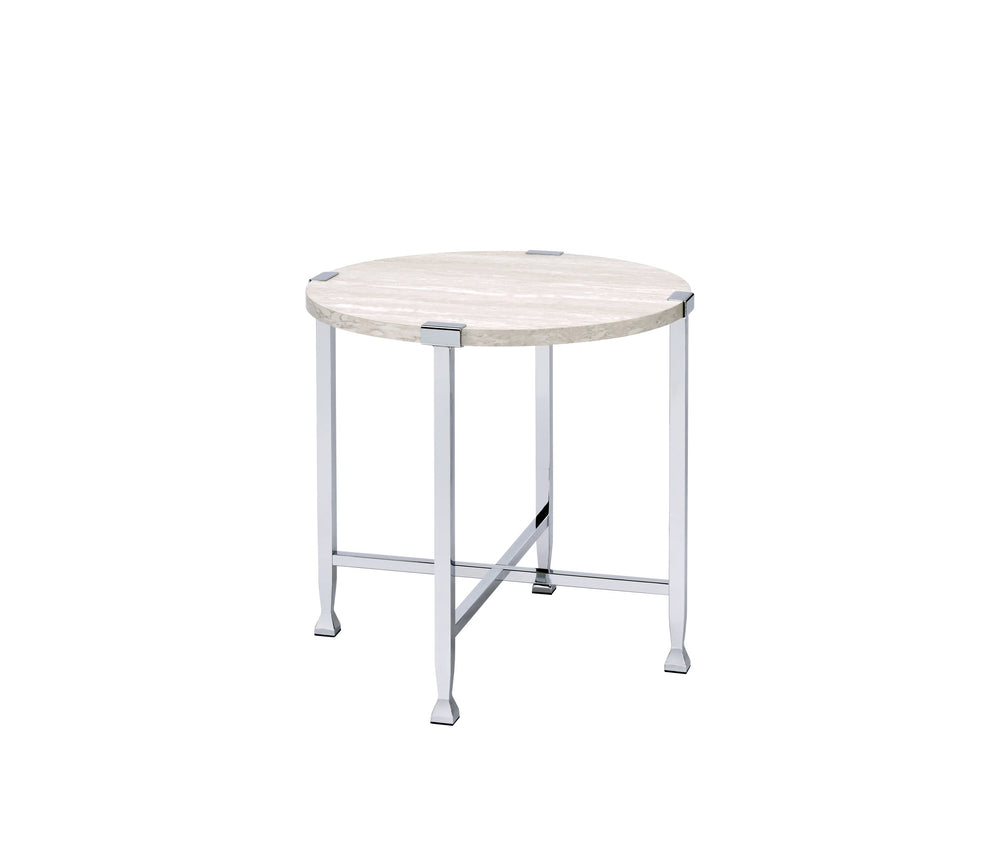 English Elm Brecon Modern Round End Table with Paper Veneer Wood Top and Metal X-Frame Support, 100lb Capacity Chrome,White Oak 31.25 L x 28 W x 4.75 H B2726P375339