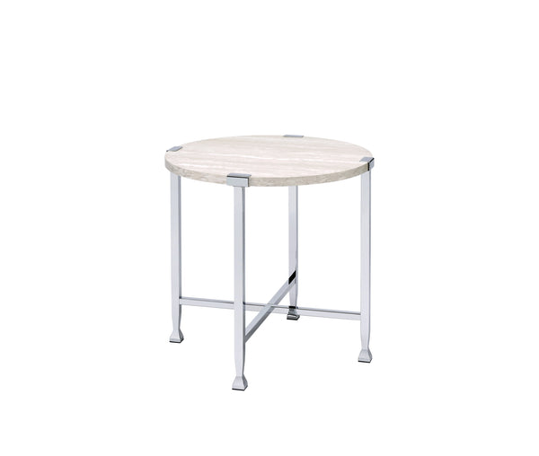 English Elm Brecon Modern Round End Table with Paper Veneer Wood Top and Metal X-Frame Support, 100lb Capacity Chrome,White Oak 31.25 L x 28 W x 4.75 H B2726P375339