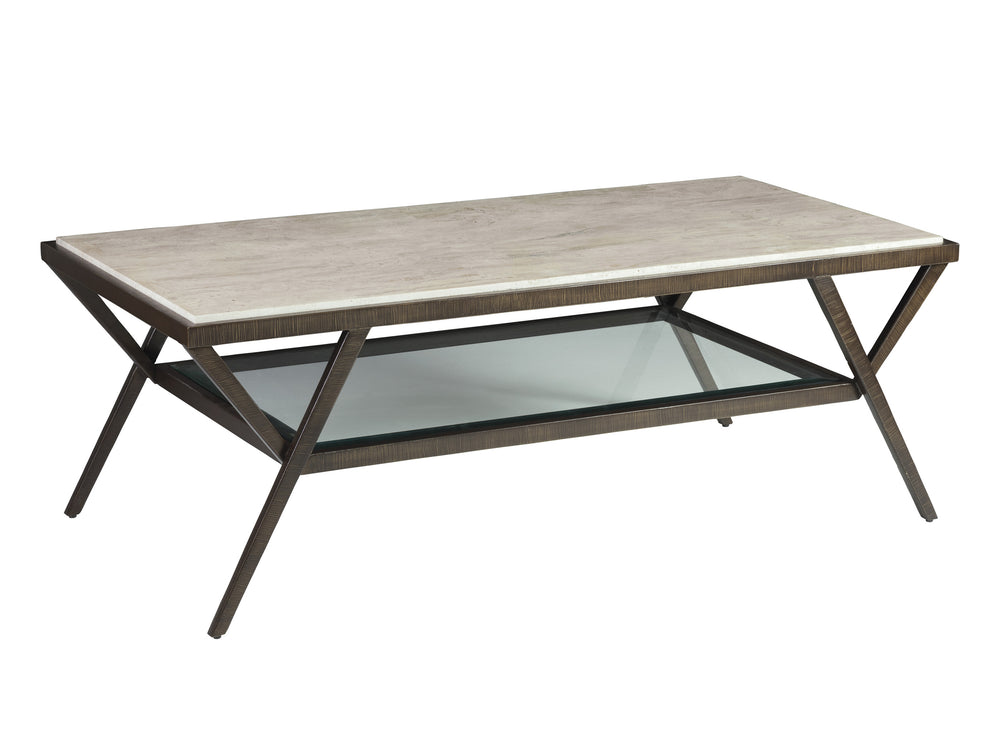 Lexington Artistica Home Adamo Cafe Cocktail Table - Unique Mixed Media Design With Steel Base And Elegant Glass Shelf Medium Brown Wood 2272-945