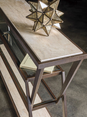 Lexington Artistica Home Adamo Cafe Console Table With Unique Desert Travertine Top And Elegant Beveled Glass Shelves Medium Brown Wood 2272-966