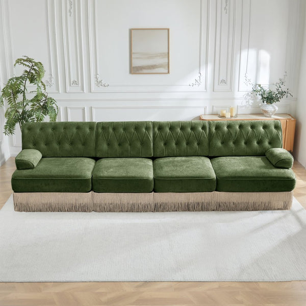 English Elm 135" Modular Chesterfield Sectional Sofa Velvet Tufted Tassel Skirt Lounge Seating Green W714S01710