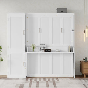English Elm Queen Murphy Wall Bed with Integrated Desk Gas Strut Lift White Cabinet for Small Spaces W504S00271
